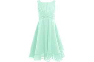 LiiYii Robe Princesse Enfant Fille Robe de Cérémonie Mi-Longue Robe en Mousseline sans Manche Tutu Robe Plissée Robe Evasée Anniversaire Baptême 4-14 Ans