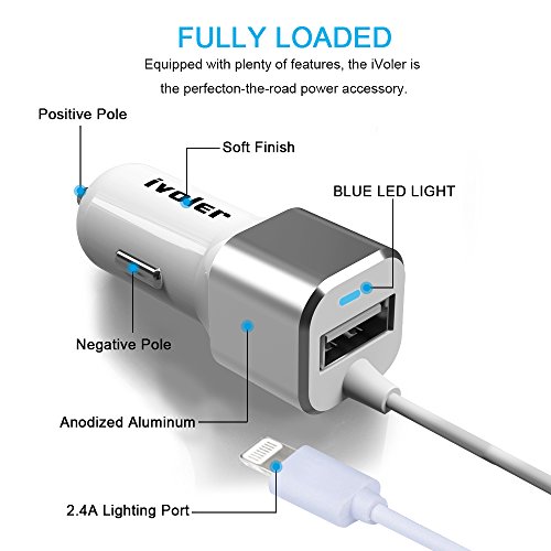  Garantie    Vie  iVoler Chargeur de Voiture Allume-Cigare 2 Ports USB 24W  4 8A avec C  ble Lightning  1 5m  Ultra Petit Chargeur Allume-Cigare USB d