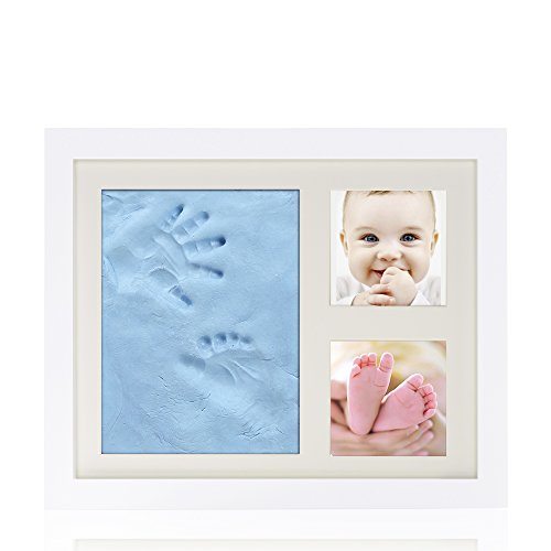 Cadre Photo Bébé Empreinte de Main et de Pied 23 x 28cm - WEYO Cadeaux de Naissance et Souvenirs - Argile Non Toxique et Sans Danger - Ossature de Bois de Qualité (Bleu)