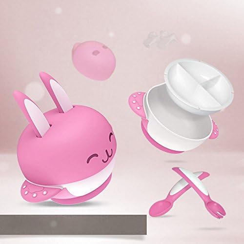 Children Tableware Baby Tableware Sucker Bowl Shatter-Resistant Baby Food Bowl with Lid Spoon Fork Set,Pink
