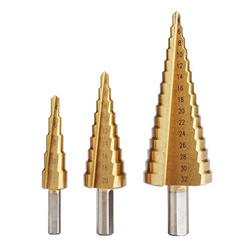 FeelGlad(TM) Professionelle HSS TiN Profi Stufenbohrer im 3er-Set: 4-12mm/ 4-20mm/ 4-32mm Schälbohrer Konusbohrer Kegelbohrer Fräser – Gold - 2
