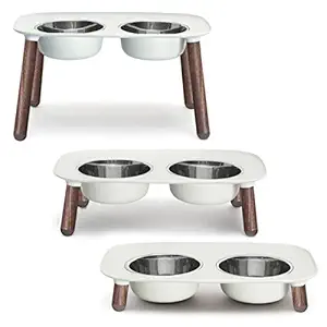Messy Mutts Elevated Double Dog Feeder with Removable Stainless Steel Bowls and Adjustable Faux Wooden Leg Heights, 40 oz / 5 Cups per Bowl (Light Grey with Wood)