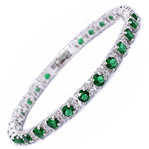 Rizilia Joyas Redondo Corte Verde Esmeralda piedra preciosa CZ Zirconia Cúbico 18K chapado en oro blanco 18cm Pulsera De sencillo moderna elegante [bolsa de la Joyas libre]