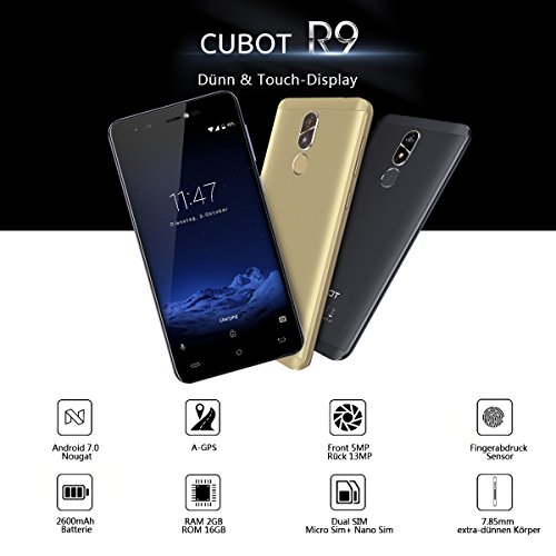 Cubot R9 (2017) Andriod 7.0 Nougat Smartphone 2GB RAM, 5.0 Inch Touch-Display Handy Ohne Vertrag mit Fingerprintsensor, Micro-Sim und Nano-Sim (Gold)