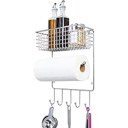 mDesign porte essuie tout - étagère murale polyvalente en métal pour cuisine et débarras - avec panier rangement profond et cinq crochets - couleur argenté