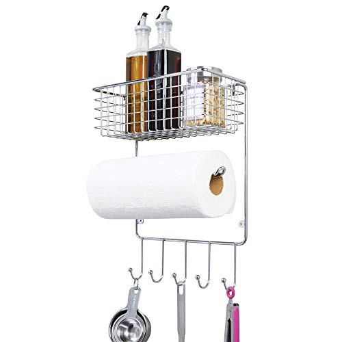 mDesign porte essuie tout - étagère murale polyvalente en métal pour cuisine et débarras - avec panier rangement profond et cinq crochets - couleur argenté
