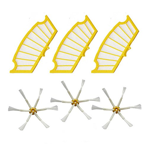 Lot de 3 Filtres et 3 Brosses Latérales 6 Pales Roomba 600 pour 500 Roomba