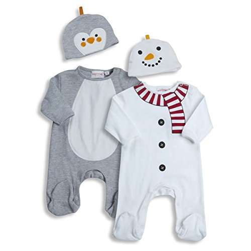 Gorgeous Baby's 1st Christmas Sleep Suit and matching hat (0-3 Months, Grey Penguin)