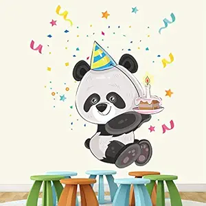 StickMe Cute Panda with Birthday Cake Wall Sticker  -SM413 (Multi Colour, Vinyl - 70cm X 95 cm )