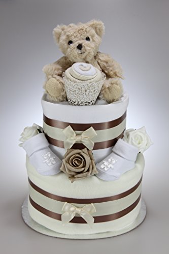 Unisex Baby Boy Girl Two Tier Nappy Cake With Cute Teddy New Born Baby Shower Gift