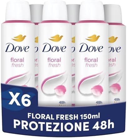 Dove Deodorante Spray, Dove Classic Care Floral, Deodorante Antitraspirante Spray, Protezione Fino a 48 Ore, con 1/4 di Crema Idratante, Formula Delicata, Deodorante Uomo e Donna, 6 Pezzi da 150 ml