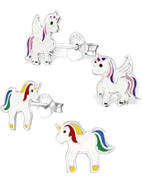 2 Paar Kinder Ohrringe Einhorn Ohrstecker 925 Silber 8mm (4 Stück)