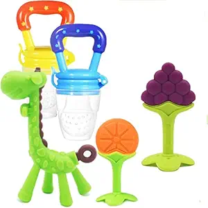 KIDZVILLA Teething Toys for Babies 0-6 Months 6-12 Months - Teethers with 2 ? Baby Fruit Feeders and 3 ? Baby Teether - BPA Free / Freezer Free - for Infant and Toddler (Green+ Orange Grapes)