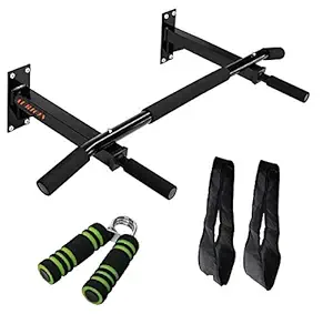 Aurion Wall Mounting Chin Up Bar with Solid One Piece Construction Bar +1 x Hand Gripper Fitness Combo