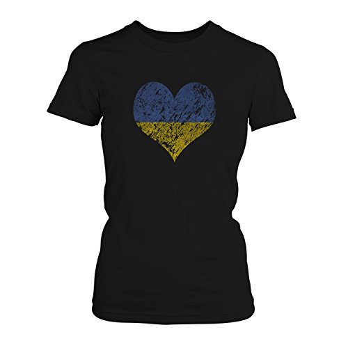 Fashionalarm Damen T-Shirt – I Love Ukraine | Fun Shirt Trikot mit Vintage Flagge Print für Fußball Fans | Urlaub Reise Ukrajina | EM & WM, Farbe:schwarz;Größe:4XL