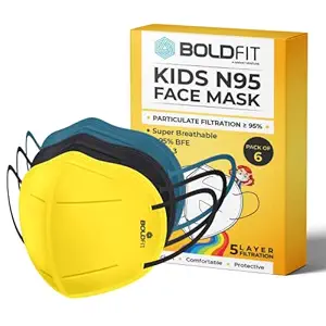 Boldfit N95 Mask For Kids. Children N95 Kids Mask For Boys & Girls. Small Size Stylish N 95 Masks For Kids, Child With Ear Loops For Safety & Protection. Pm 0.3 Filtration Mask Certified By Bureau Of Indian Standards & Iso - Pack Of 6 ( Black, Blue, Yellow ) (N95Kids06)