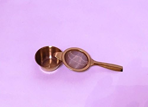 Ganam Brass single 14.5cm Long Handled Tea Strainer 4.5cm- with drip bowl boxed