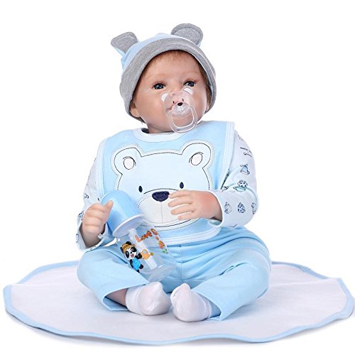 NPKDOLL Reborn Baby Doll Soft Silicone Vinyl 22inch 55cm Magnetic Mouth Lifelike Boy Girl Toy Blue Bear Bib A1UK