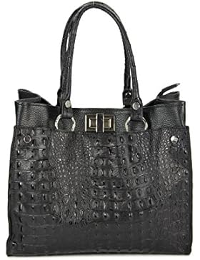 BELLI Ital. Echt Leder Handtasche Shopper Kroko Prägung und Glattleder schwarz 31x25x16 cm (B x H x T)