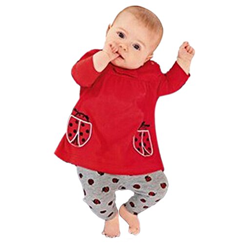 ROPALIA Baby Animal Print Red Cotton Long Sleeve Shirt +Beetle Pants Outfit Set