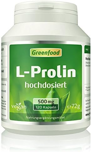 Greenfood - L-proline, 500 mg, 120 capsules, vegan - With vitamin C, building block of collagen, firm skin and elastic blood vessels, NO artificial additives. Non-GMO. Vegan.