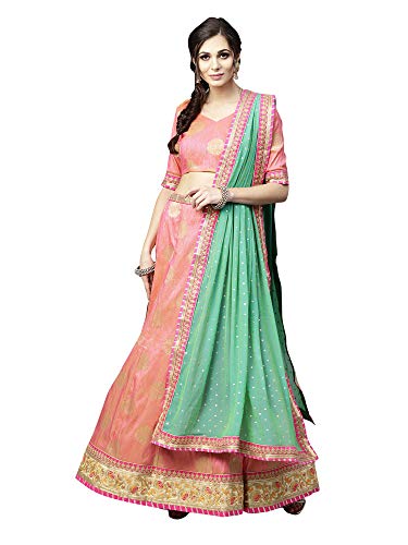 AKHILAM Women's Banarasi Silk Semi Stitched Anarkali Style Wedding Lehenga Choli with Georgette Dupatta (Pink_DULHN7003_Free Size)