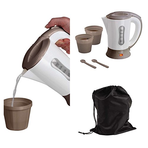 Reise-Wasserkocher Camping inkl. 2 Becher und 2 Löffel (Transporttasche, Camping-Kocher, 0,5 Liter, 800 Watt)