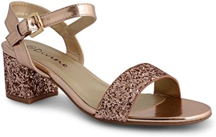 Womens Mid Block Heel Open Toe Ankle Strappy Glitter Ladies Sandals, Rose Gold Glitter, Size UK 6