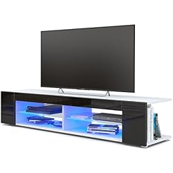 Vladon Meuble TV Armoire Basse Movie, Corps en Blanc Mat/Façades en Blanc Haute Brillance avec l'éclairage LED en Bleu
