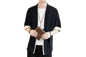 PENGGENGA Uomo Cappotto Kimono Giapponese Mens Vintage Cloak Cotton Linen Blends Loose Fit Short Coat Jacket Cardigan Nero M