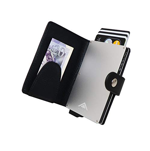 STEALTH Wallet - Bloqueo RFID Titular de la Tarjeta de crédito Eyector - Cartera de Cuero Minimalista para Tarjetas y Dinero en Efectivo con protección (Plata con Textura de Lagarto Negro y Clip)