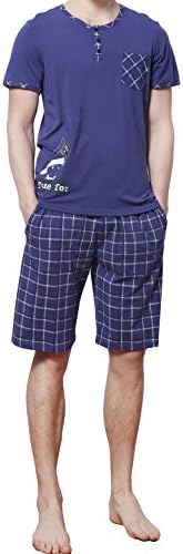 HACAI Men's Pyjama Set Modal Cotton Short Sleeve Plaid Sleepwear(S-XXL) Blue XXL