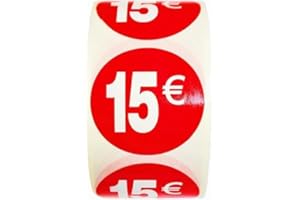 GENÉRICO Lot de 3 rouleaux d'étiquettes de prix « 15 € » – 1 500 autocollants ronds, rouge brillant, Ø35 mm, idéals pour l’étiquetage en magasin (15 €-3)