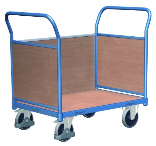 Cordes Dreiwandwagen mit Holzwänden, Ladefläche LxB 1030x700mm, Außenmaße LxBxH 1190x700x1006 mm, Traglast 500 kg, 2 Lenk-, 2 Bockrollen