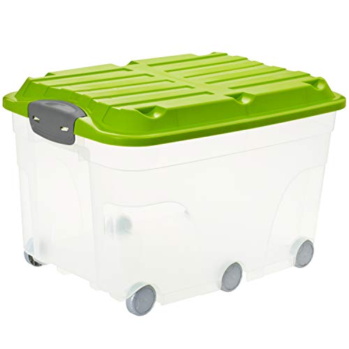 Rotho 1766605519 - Contenitore della Scatola Roller 6 con Coperchio e 6 Rotelle Resistenti, Roll Box in plastica, capacità 57 L, Plastica, Trasparente/Verde, 59.5 x 40 x 37 cm