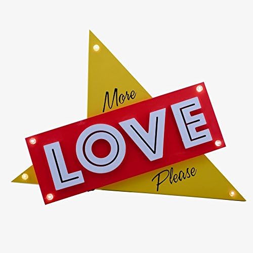 More Love Please - Retro Red and Yellow Wooden Wall Hanging Pop Art Decor with Battery Operated 7 LED Lights