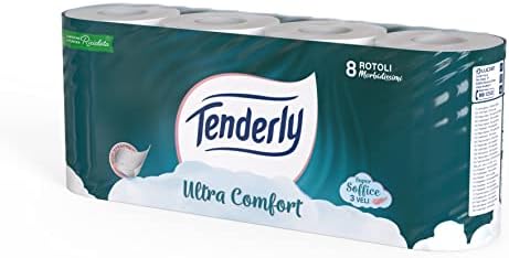Tenderly Ultra Comfort, 8 rotoli di Carta Igienica Pura, 3 Veli, 200* Strappi per Rotolo, Delicata sulla Pelle, Dermatologicamente Testata