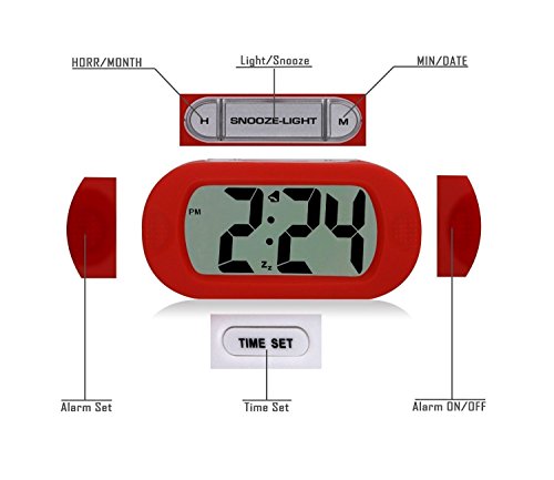 DRFUNDA Einfach Lautlos LCD Digital Großbild Wecker Snooze Licht Funktion Batterien mit Silikon Schutzhülle (Rote) - 2