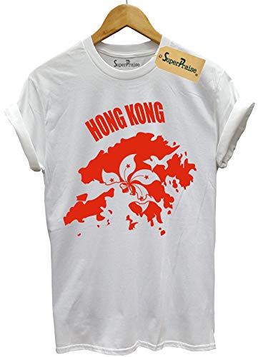 SuperPraise - Maglietta di Hong Kong con Bandiera del Mondo, Mappa del Paese Patriots Bianco 3XL
