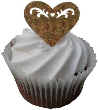 (FH) Toppercake Sunny Swirls Design Filigree Heart Edible Rice Paper Cake Decoration x 12