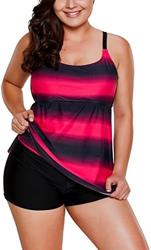 SheShy Women Ladies Swimsuit Open Back Color Block Striped Tankini Set with Boyshort Swimwear