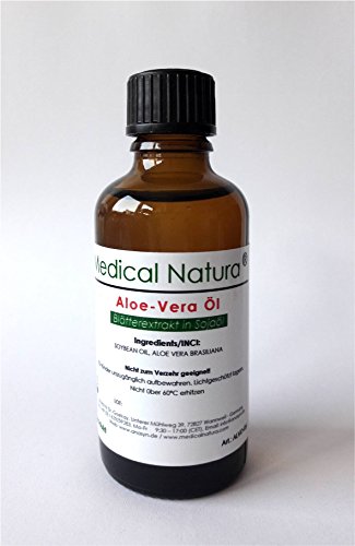 100 ml Aloe Vera Öl, Aloeveraöl, Aloe-Vera-Öl, Blätterextrakt in Sojaöl. In Braunglas mit Ausgussring.