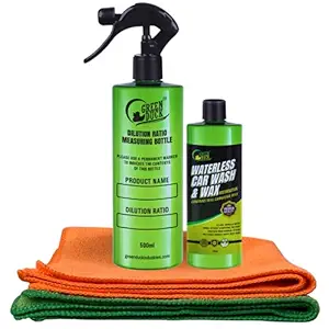 GREEN DUCK Waterless Car Wash & Wax Concentrate Kit | Makes 20 Litres Dry Wash | Contains Real Carnauba Wax | Works Without Scratching | Includes One Empty Spray Bottle & Two 380GSM Microfiber Towels