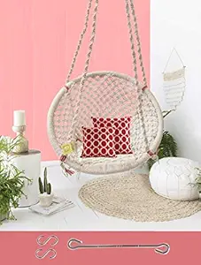 Curio Centre Make in India Cotton Home Swing Round & Hammock/Swing Chair for Indoor and Outdoor/Swing with Hanging Accessories/Swing for Home/ (145 cm X 57 cm X 43 cm, 100 kgs Capacity, White)