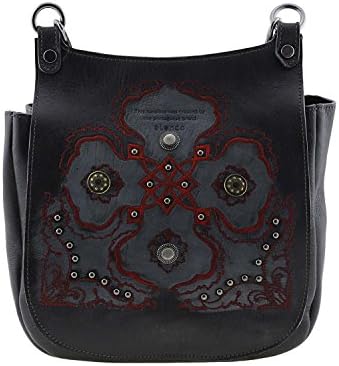 Leather shoulder bag with embroidery and tacks Size: U Color: BLACK