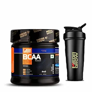 Megagrow BCAA Supplement Powder with Shaker| 400 Gm/44 Servings | Pre/Post Workout & Intra Workout Supplement| 5.74g Protein | Orange Flavour With No Sugar Added