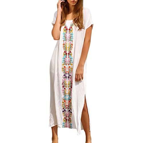 SHOBDW Moda Mujer Verano o-Cuello Playa Traje de baño Bordado Cubrir Manga Corta Vestido Largo y Recto (Free Size, Blanco)