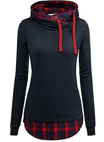 Preisvergleich Produktbild hippolo Damen Kapuzen Sweatshirt Lange Ärmel shirtschreag Halsband kariert Pullovershirt Longsleeve navy L
