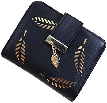 Women Wallet Fashion Clutch Leather Wallet Hollow Leaf Design Cute Short Purse (Black)