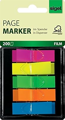 Sigel HN489 Marque-pages adhésifs en papier film transparent, en distributeur Z, 200 feuilles 4,5x1,2 cm, 5 couleurs fluo
